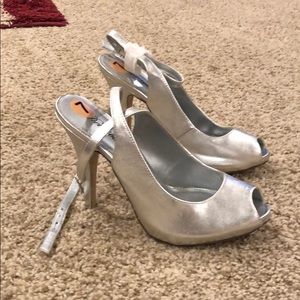 Women’s silver stiletto peep toe heels